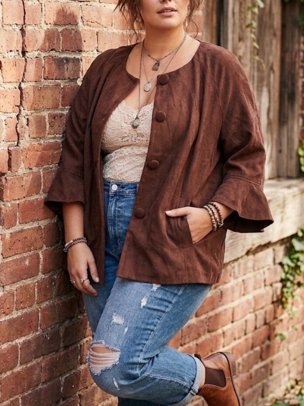 Avenue Faux Suede Swing Jacket Bell Sleeve Plus Size 3X Brown Boho